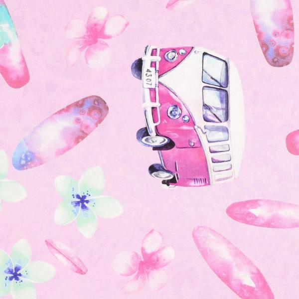 Canvas Druck Bunte Blumen und Camper auf Rosa